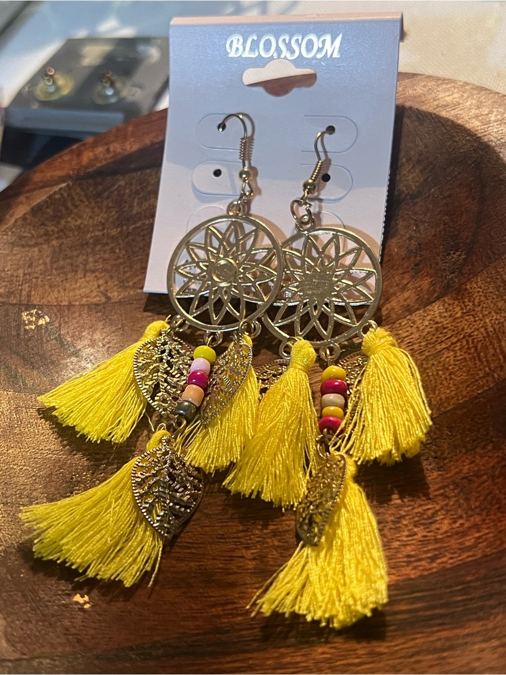 Blossom Gold Filigree Earrings with Yellow Tassels